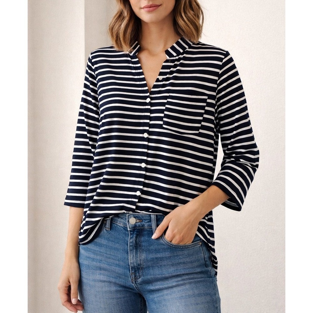 Ekouaer Womens Navy Blue White Striped 3/4 Sleeve Button Tunic Top Small